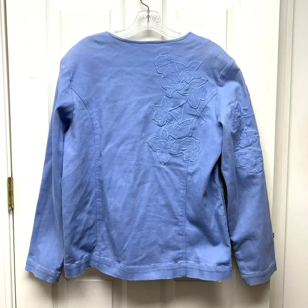 Cotton Jacket Floral Applique Blue Stretch Zip Up Collarless Women's Size L